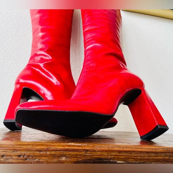New! Zara Red Leather Knee-High Boots Women’s EU Size 39 - Picture 6 of 13